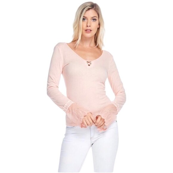NWT Boutique Blush Pink Lace Bell Sleeve V-Neck Layering Top - Picture 1 of 7